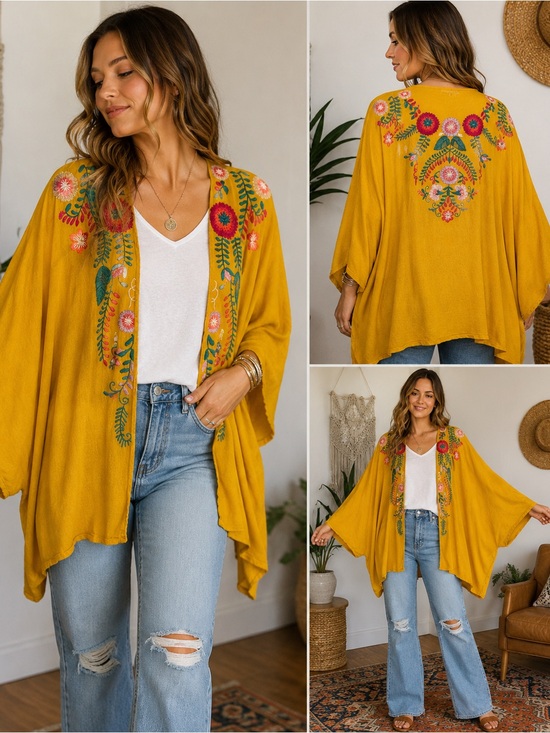 Umgee Sweaters - Umgee Mustard Yellow Floral Embroidered Kimono Cardigan M/L Oversized Boho Artsy
